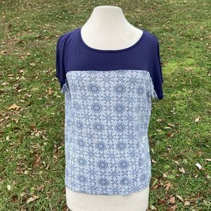 MIAMI WOMENS CASUAL TOP SOLID BLUE BLOCK  & GEOMETRIC DESIGN SMALL